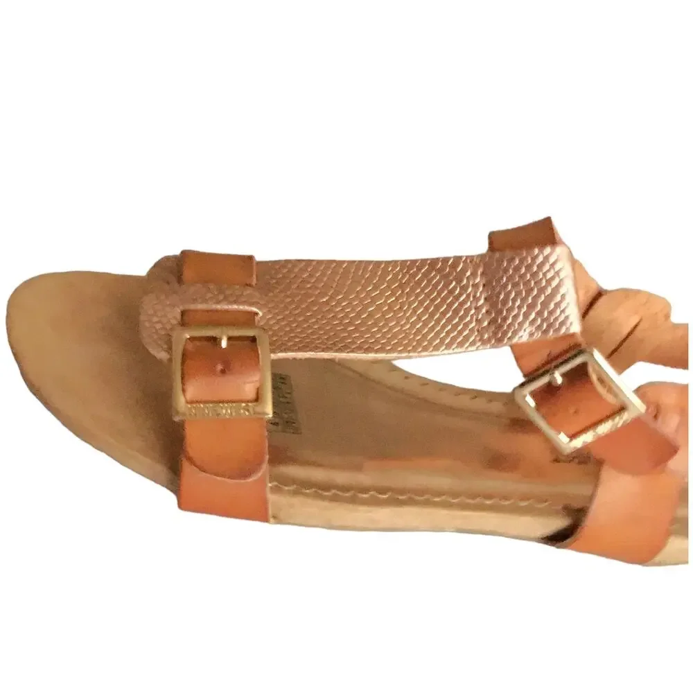 Nine West Girls Sandals Rose Gold Camel Tan Leather Buckle Flat Girls Size 4